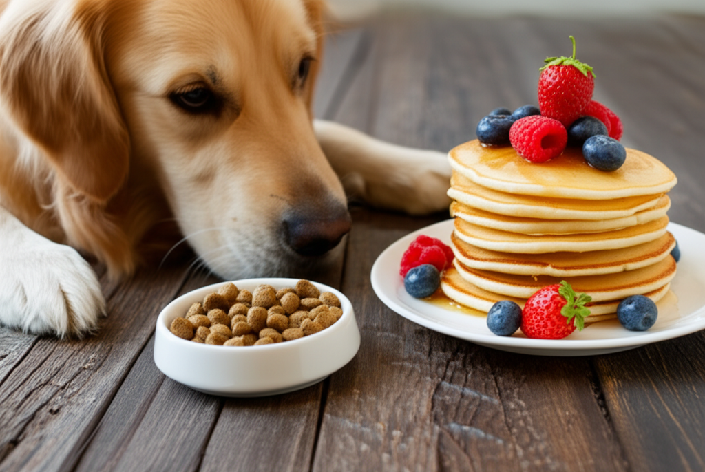 Generate a high-quality, relevant image prompt for an article about: Can Dogs Eat Human Pancakes? Es